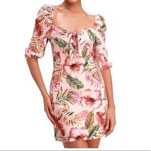 Lulu’s Zaliki tropical tie front puff sleeve dress Size L